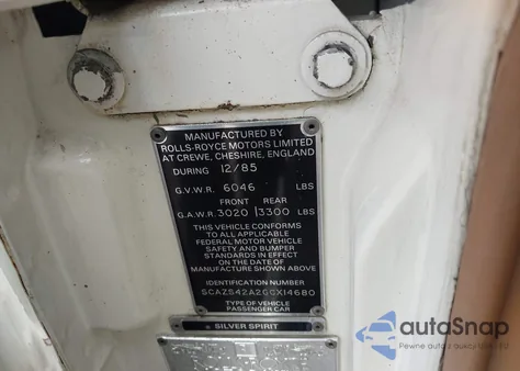 1986 Rolls-Royce Silver Spirit from USA, damaged, VIN SCAZS42A2GCX14680